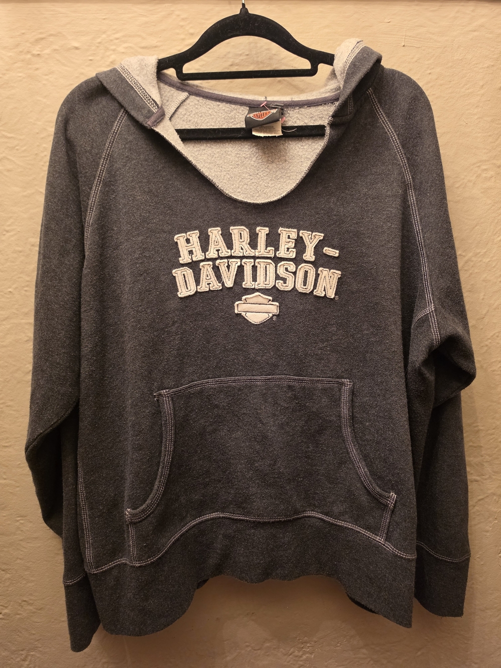 Y2K Harley Davidson Charcoal Wide Neck Hoodie Sweatshirt XL Moto Biker